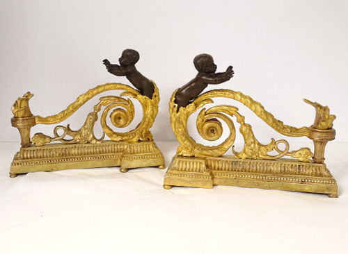 Paire Chenets Louis XVI Bronze Doré Chérubins Enfants Arabesques XVIIIème