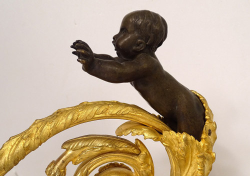 Paire Chenets Louis XVI Bronze Doré Chérubins Enfants Arabesques XVIIIème