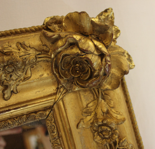 "Specchio Antico Rettangolare Grande Foglia Oro, Decoro Rosa, Vetro Mercurio 85 X 116 Cm"