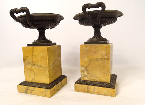 Pair Decorative Cassolettes Siena Marble Bronze Restoration 19th Century