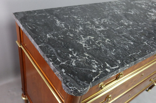 Louis XVI chest of drawers, blond speckled mahogany, grey marble top with white veining