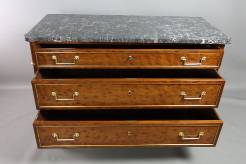 Louis XVI chest of drawers, blond speckled mahogany, grey marble top with white veining