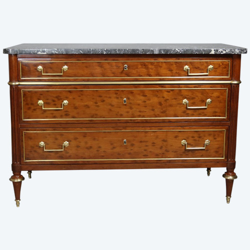 Louis XVI chest of drawers, blond speckled mahogany, grey marble top with white veining