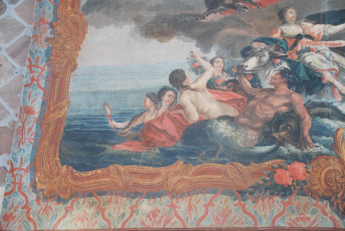 Rare And Large 18th Century Provence Painted Canvas, The Abduction of Europe