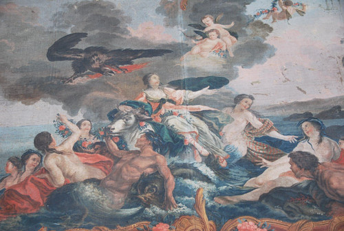 Rare And Large 18th Century Provence Painted Canvas, The Abduction of Europe