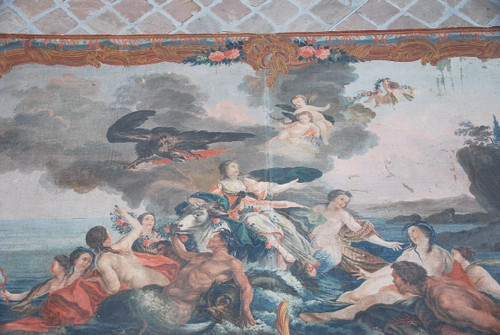 Rare And Large 18th Century Provence Painted Canvas, The Abduction of Europe