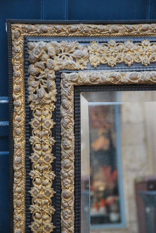 Large Louis XIV Style Mirror In Repoussé Brass