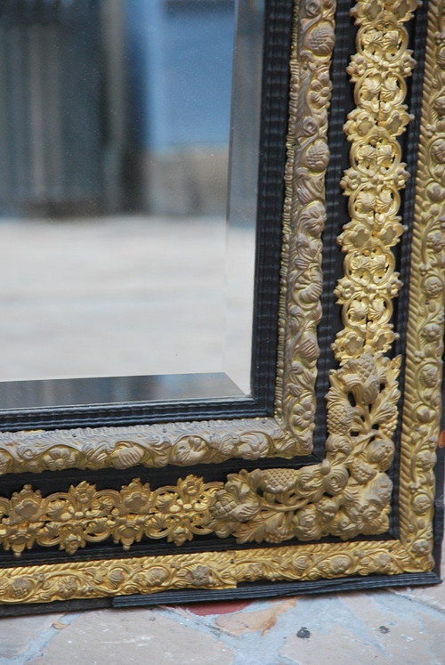 Large Louis XIV Style Mirror In Repoussé Brass