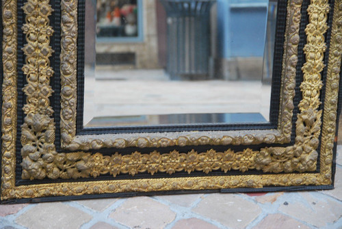 Large Louis XIV Style Mirror In Repoussé Brass