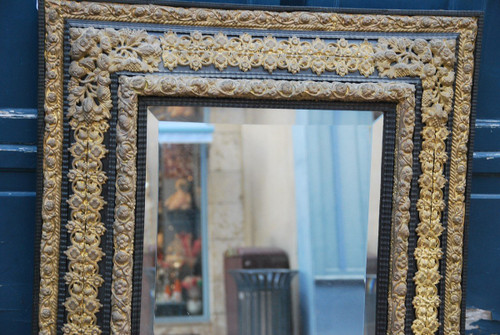 Large Louis XIV Style Mirror In Repoussé Brass