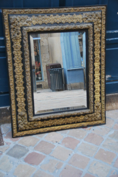 Large Louis XIV Style Mirror In Repoussé Brass