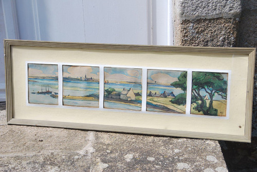 Watercolors, Suite Of Five Views of Brittany from Morbihan Signed Menttenhoven