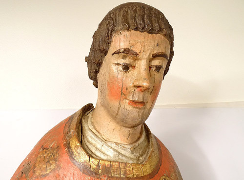 Statue Sculpture Bois Polychrome Saint Breton Crosse Bretagne Fin XVIIème