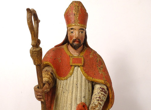 Statue Wood Carved Polychrome Bishop St. Eloi Cross 18th Century