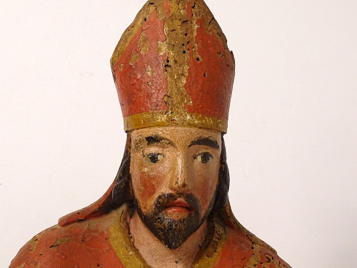 Statue Wood Carved Polychrome Bishop St. Eloi Cross 18th Century