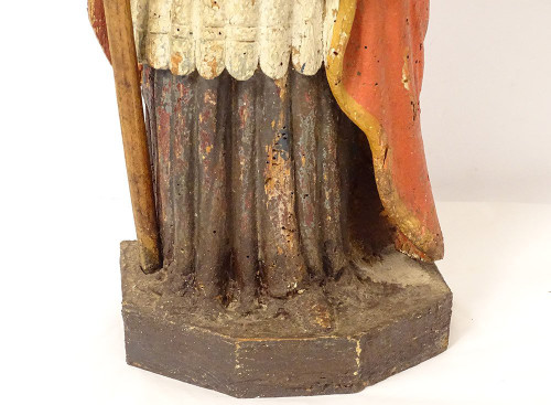 Statue Wood Carved Polychrome Bishop St. Eloi Cross 18th Century