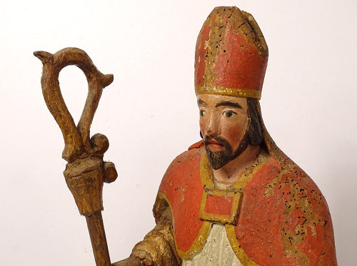 Statue Wood Carved Polychrome Bishop St. Eloi Cross 18th Century