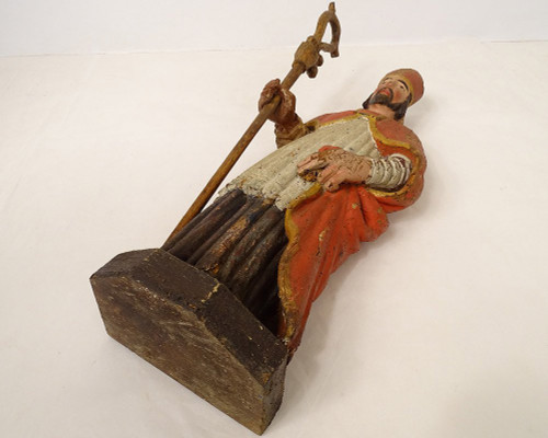 Statue Wood Carved Polychrome Bishop St. Eloi Cross 18th Century