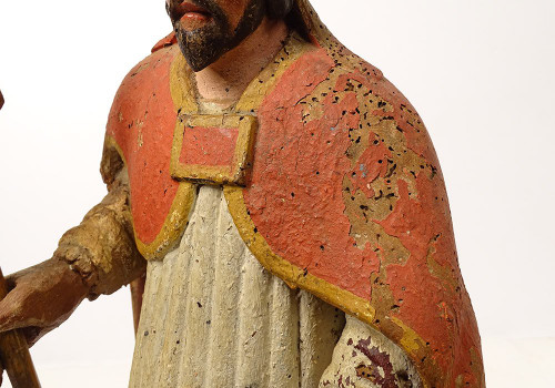 Statue Wood Carved Polychrome Bishop St. Eloi Cross 18th Century