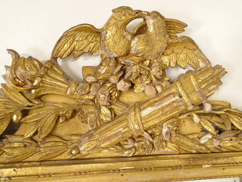 Grand Miroir Louis XVI Bois Sculpté Doré Oiseaux Carquois Flambeau XVIIIè