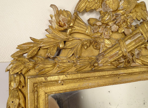 Grand Miroir Louis XVI Bois Sculpté Doré Oiseaux Carquois Flambeau XVIIIè