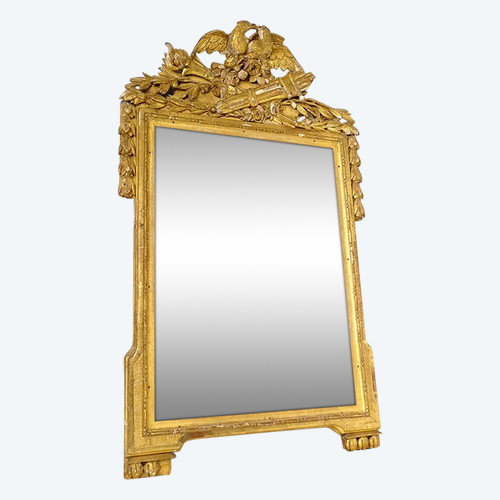 Grand Miroir Louis XVI Bois Sculpté Doré Oiseaux Carquois Flambeau XVIIIè