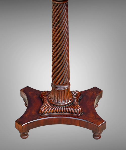 OVAL GUERIDON WITH TWISTED MAHOGANY BASE AND MARQUETRY TOP