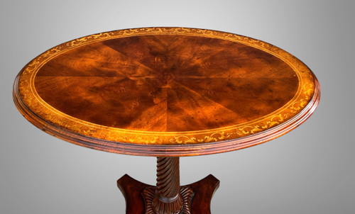 OVAL GUERIDON WITH TWISTED MAHOGANY BASE AND MARQUETRY TOP