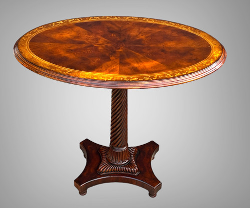 OVAL GUERIDON WITH TWISTED MAHOGANY BASE AND MARQUETRY TOP