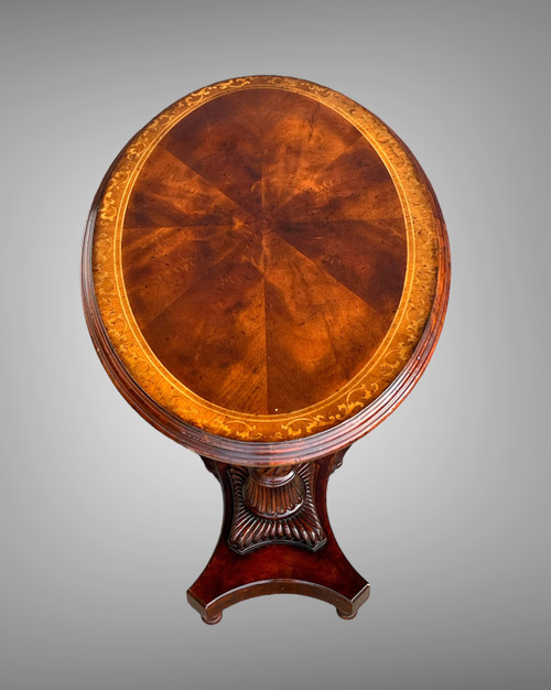 OVAL GUERIDON WITH TWISTED MAHOGANY BASE AND MARQUETRY TOP