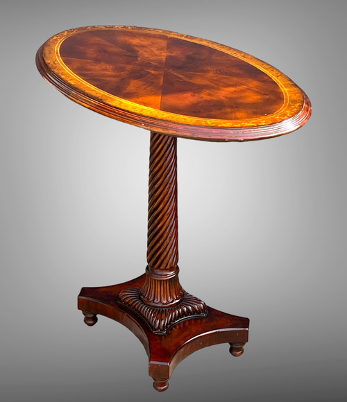 OVAL GUERIDON WITH TWISTED MAHOGANY BASE AND MARQUETRY TOP