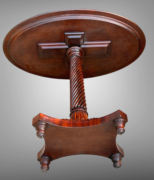 OVAL GUERIDON WITH TWISTED MAHOGANY BASE AND MARQUETRY TOP