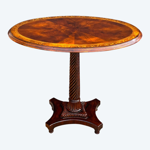 OVAL GUERIDON WITH TWISTED MAHOGANY BASE AND MARQUETRY TOP