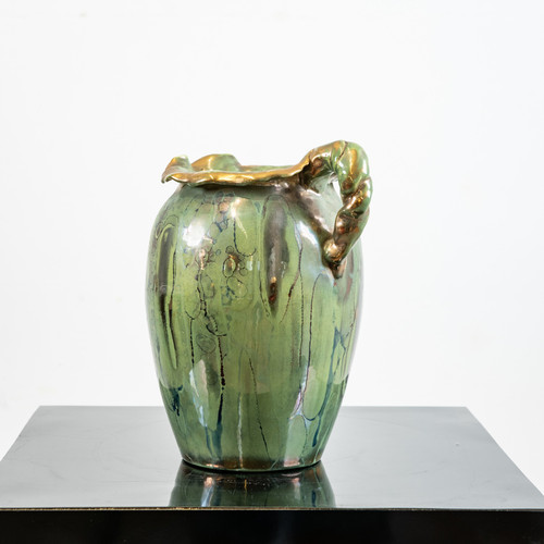 Green and gold enamelled ceramic pitcher, Louis Auguste Dage circa 1950.