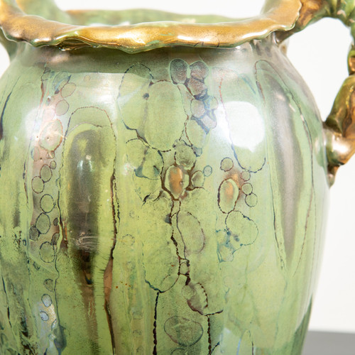 Green and gold enamelled ceramic pitcher, Louis Auguste Dage circa 1950.