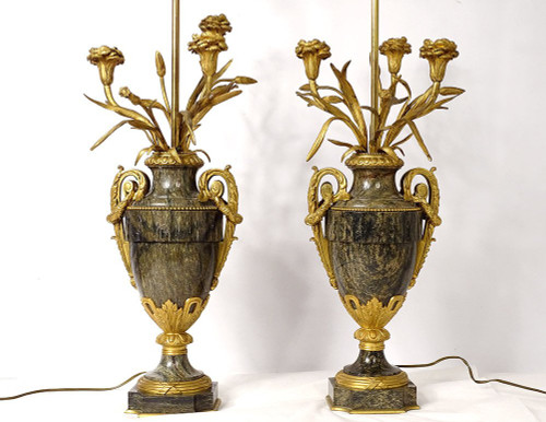 Paire Vases Balustre Lampes Marbre Bronze Doré Fleurs Napoléon III XIXème