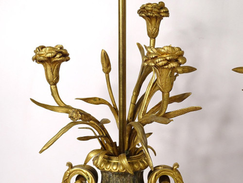 Paire Vases Balustre Lampes Marbre Bronze Doré Fleurs Napoléon III XIXème