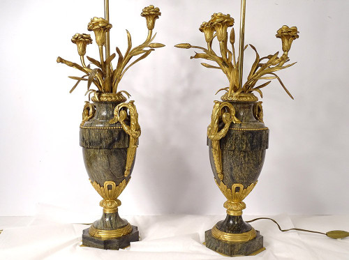 Paire Vases Balustre Lampes Marbre Bronze Doré Fleurs Napoléon III XIXème