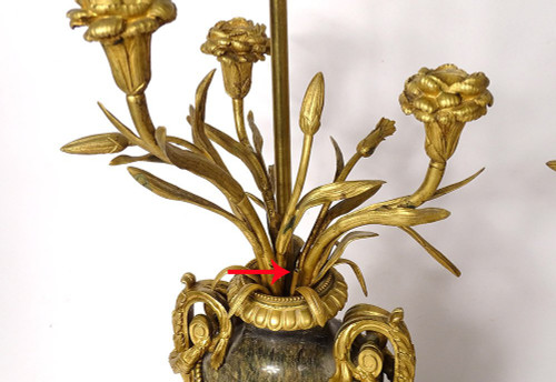 Paire Vases Balustre Lampes Marbre Bronze Doré Fleurs Napoléon III XIXème