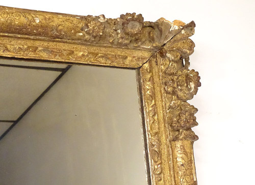 Louis XIV Regency Mirror Gilded Carved Wood Flowers Shell Glass 18th century