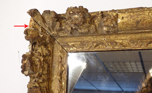 Louis XIV Regency Mirror Gilded Carved Wood Flowers Shell Glass 18th century