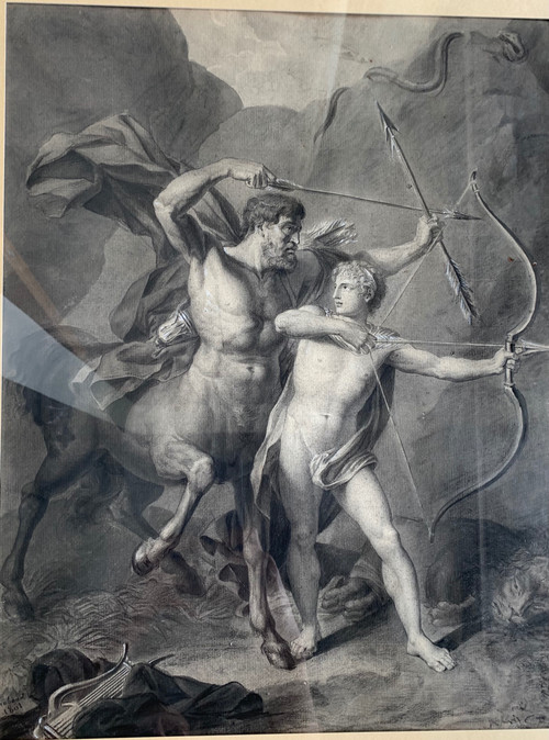 Ink wash signed 1801: L'éducation d'Achille par le centaure Chiron.