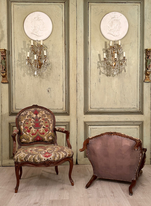 Paar Fauteuils A La Reine d'Epoque Louis XV Um 1750