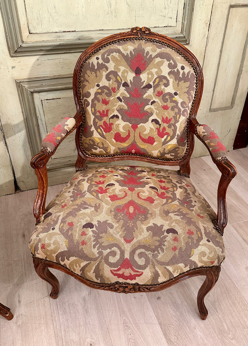 Paar Fauteuils A La Reine d'Epoque Louis XV Um 1750