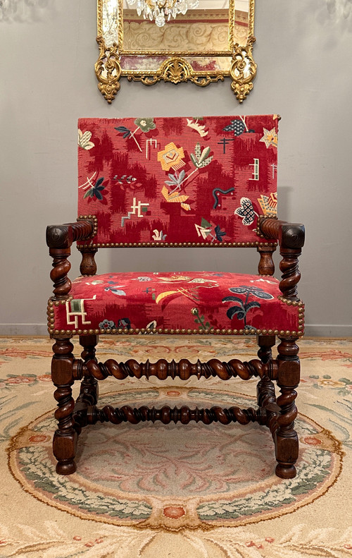 Chaise A Bras En Noyer d'Epoque Louis XIII XVIIème Siècle 