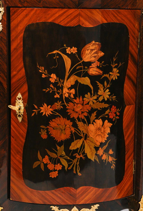 a pair of late 19th century marquetry corner cabinets