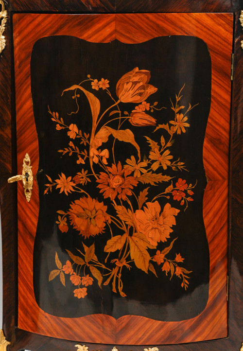 a pair of late 19th century marquetry corner cabinets