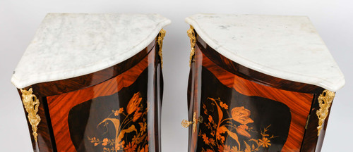 a pair of late 19th century marquetry corner cabinets