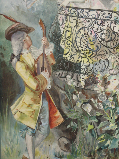 Small 3-leaf screen with watercolor genre scenes in Louis XV style, 20th century