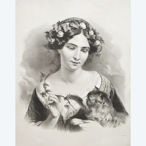 Portrait of a Lady With Cat Lithograph By Julien 19th c Old Print